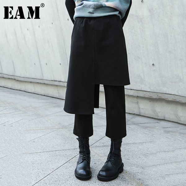 

[eam] high elastic waist black false two split joint trousers new loose fit pants women fashion tide spring autumn 1k889 201031, Black;white