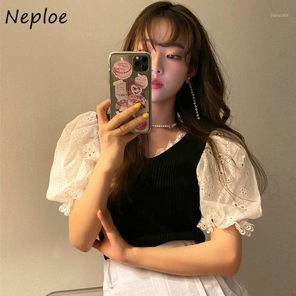 

neploe korean retro v-neck slim fit women blouse 2020 summer lace splicing puff sleeve knitted female shirt blusas 821091, White