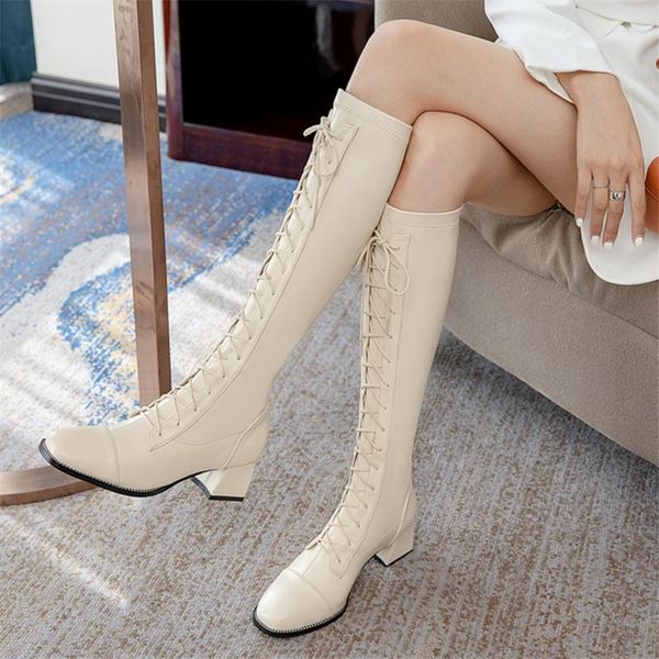 

boots fashion knee high 2021 autumn winter casual party cross tied woman heels thick tight black beige