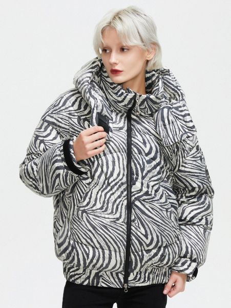 

ziai zebra striped slant pockets hooded puffer coat y0ht#, Black