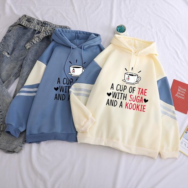 

female hoodie a cup of tea with suga and a kookie printing autumn winter warm fashion contrast color patchwork pullover spliced, Black