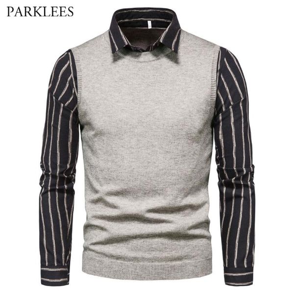

men's sweaters british business sweater men fake two pieces mens knitted casual slim fit pullover knitwear pull homme blouse gray, White;black