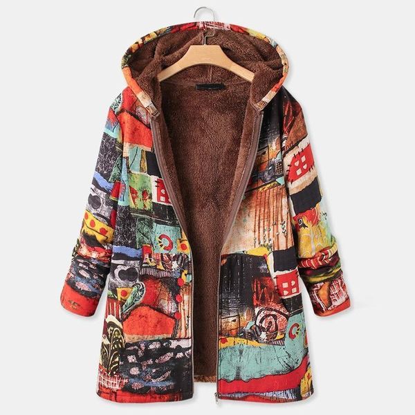 

irregular print hoodie coat for women 5xl plus size plush outwear loose long sleeve zipper autumn winter hoody outcoat1, Black