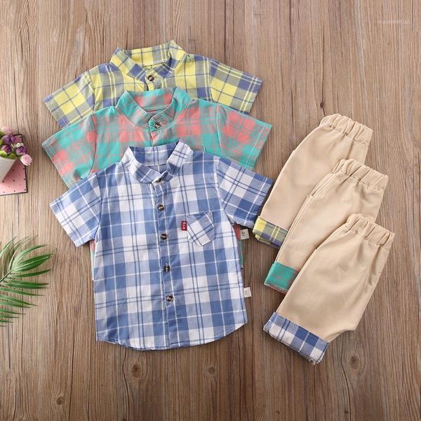 

clothing sets 0-3y summer toddler baby boy outfits clothes plaid print shirt shorts pants gentleman party suit1, White
