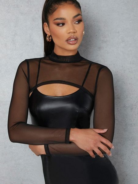 

mock-neck super crop mesh 15w5#, White