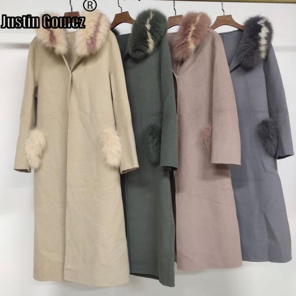 

women's wool & blends double-sided cashmere coat real fur collar straight loose pocket women long autumn winter simple, Black