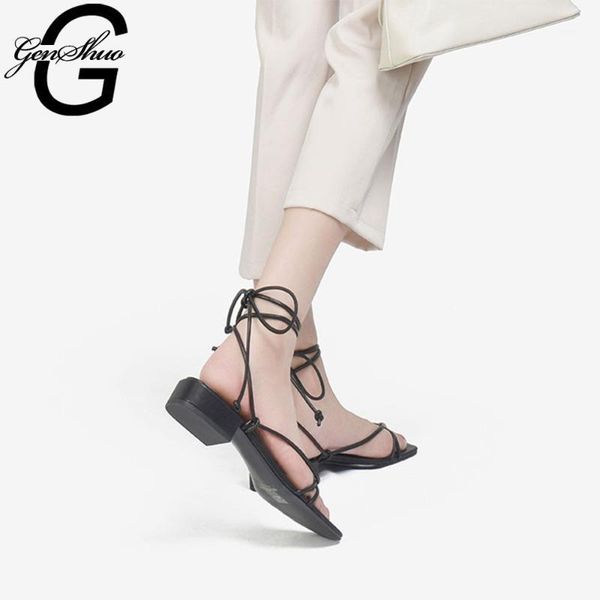 

genshuo summer women shoes sandals ankle strap low heels casual square heels open toe cross-tied strappy gladiator sandals women1, Black