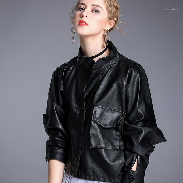 

solid pu jacket women washed zipper biker short punk faux motorcycle leather jackets female soft coat1, Black