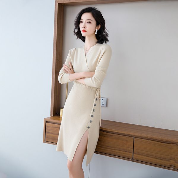 

new a female play with low-cut v dress of knitted or crocheted korean cord elegant sleeve autumn long-sleeved winter woman knitting f92v, Black;gray