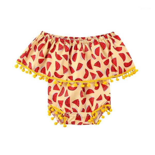 

2020 infants girls romper baby jumpsuit yellow crotch cotton watermelon print tassels1, Blue