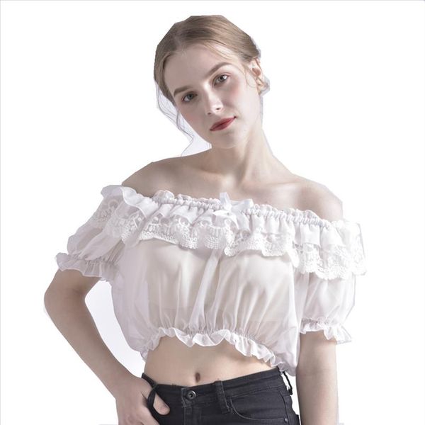 

women crop blouse lolita frilly chiffon white black puff sleeve lace bottoming undershirt drop shipping good quality