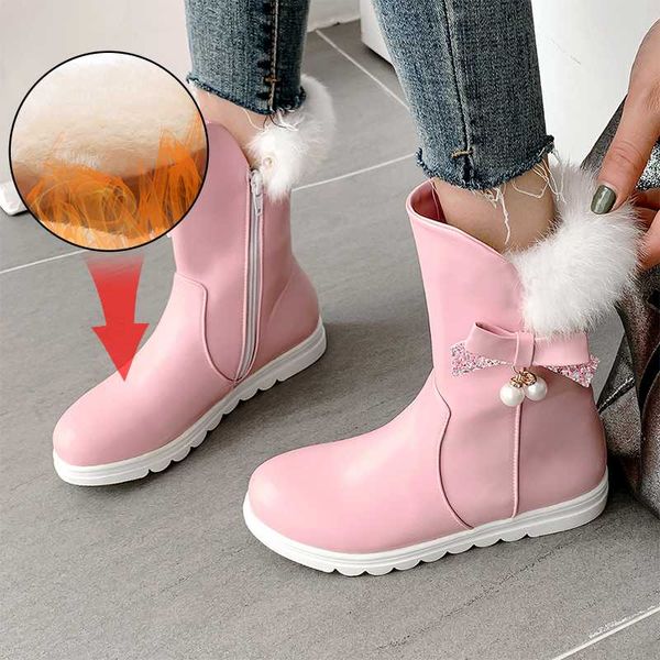 

boots plus size 34-40 fashion winter woman rubber mid calf pu leather boot women plush buckle lace up beautiful female, Black
