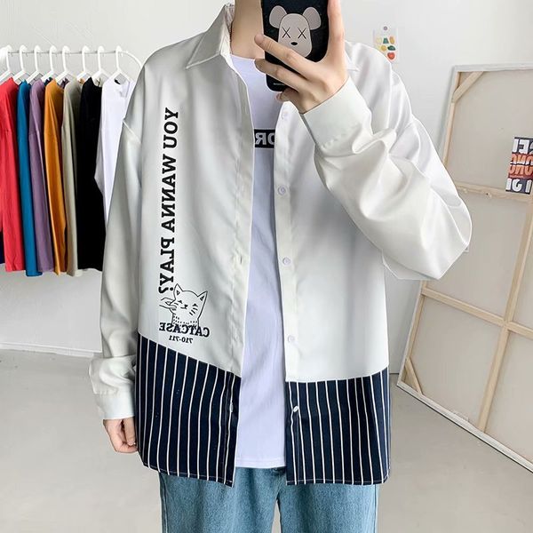 

korean fashion spring and autumn long sleeve loose color matching men's casual handsome tide brand student shirt coat, White;black