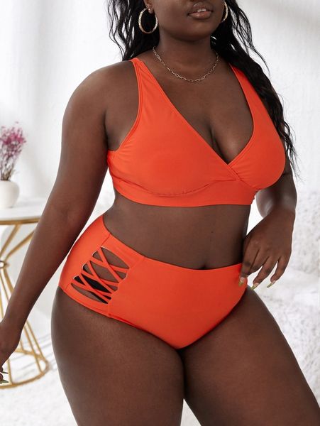 

plus v neck high waisted bikini swimsuit g9ba#, Black