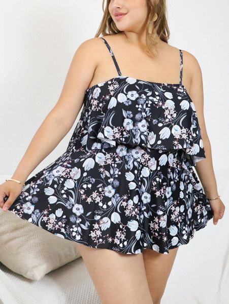 

plus floral print swim dress with panty a7q4#, Black