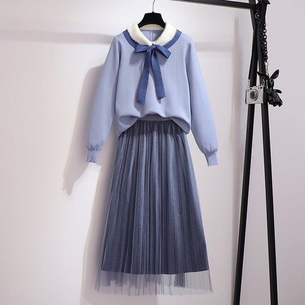 

women's tracksuits women 2021 autumn winter sweet sweater skirt suits female long sleeve loose pullover knitted and mesh skirts sets b, Gray