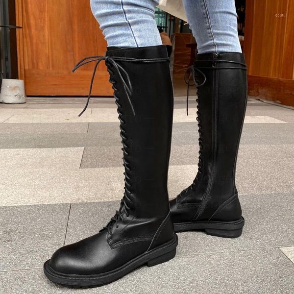 

boots arrivals brand quality shoelaces leisure fashion chic winter shoes women genuine leather cow skin riding boot female1, Black