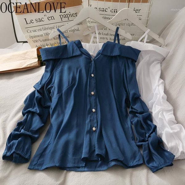 

oceanlove korean off shoulder women blouses autumn long sleeve solid blusas mujer 2020 slash neck shirts elegant chic 176751, White