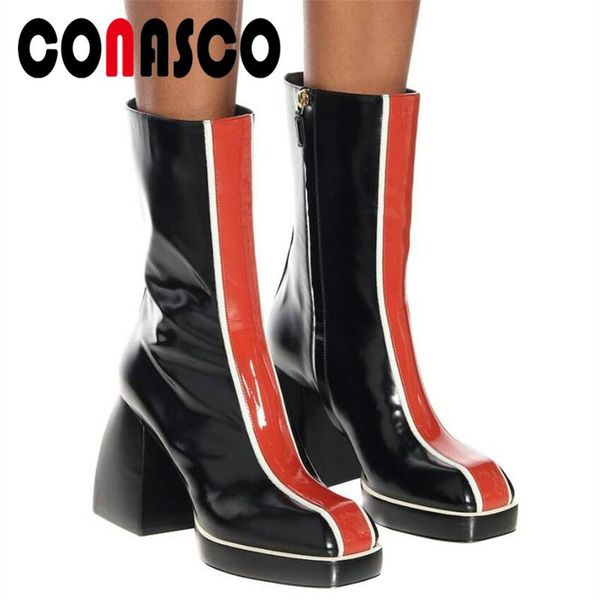 

conasco women mid-calf boots popular fashion genuine leather mixed colors autumn winter platforms zip casual boots woman, Black