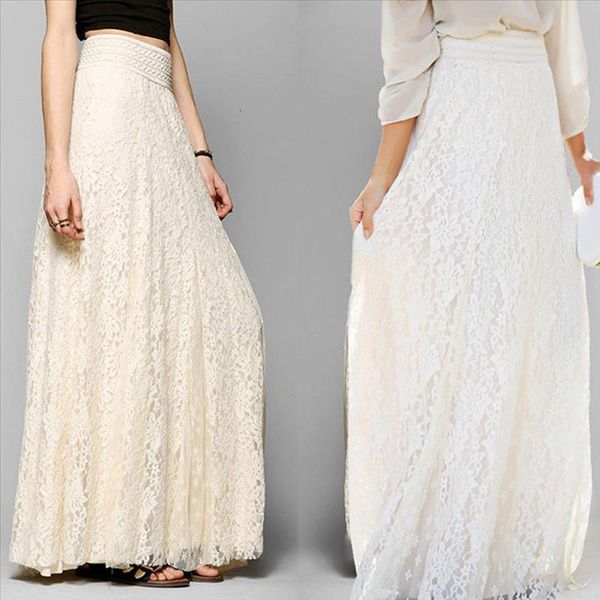 

women lace maxi skirt elastic waist skirt double layer pleated long white skirt mujer moda #w30, Black