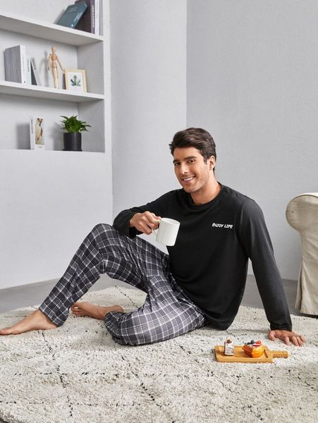 

men slogan graphic tee & plaid pants pj set p8dk#, Black;brown