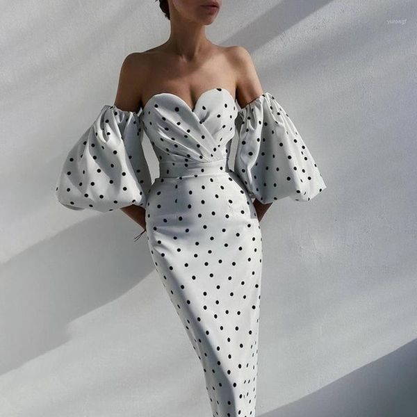 

strapless puff lantern sleeve women party dress backless polka dot half sleeve mid-calf dresses female 2021elegant new year lady1, White;black