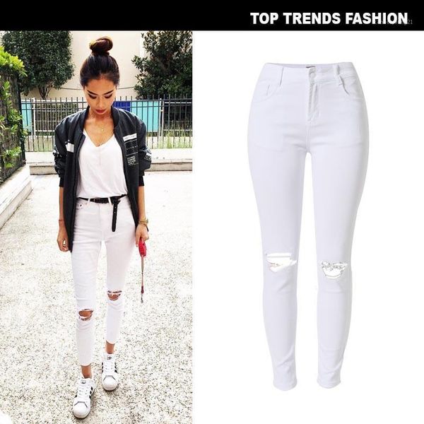

women's jeans women high waist knee broken hole ripped skinny streetwear 34-44 plus size denim pants 27451, Blue