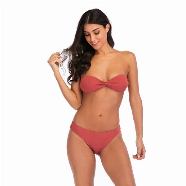 

strapless swimsuit high waist backless solid color bikini swim wear two-piece swimming suit for women