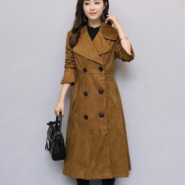 

women's trench coats 2021 spring autumn womens long suede windbreaker double-breasted fashion coat overcoat elegant outwear m402, Tan;black
