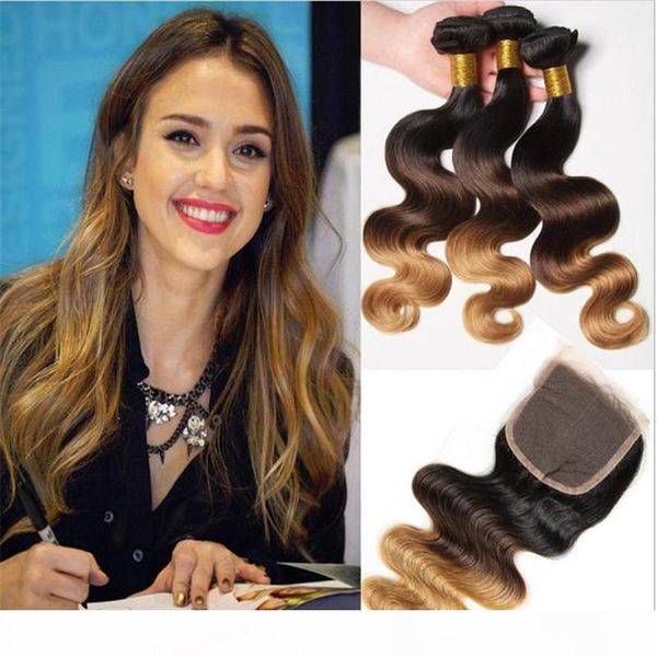 

1b-27 honey blonde бразильские три тон волосы с closure 9а virgin бразильского ombre 3bundles с объемной волной кружево закрытие 4шт лот, Black