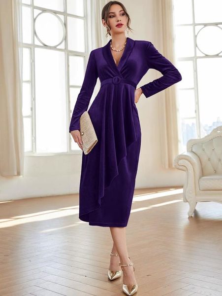 

shawl collar wrap hem belted velvet dress she, Black;gray