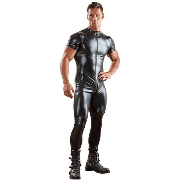 

bodysuit mens leather catsuit mens clothing one peice short sleeve jumpsuit black men t shirt zipper pants, Gray