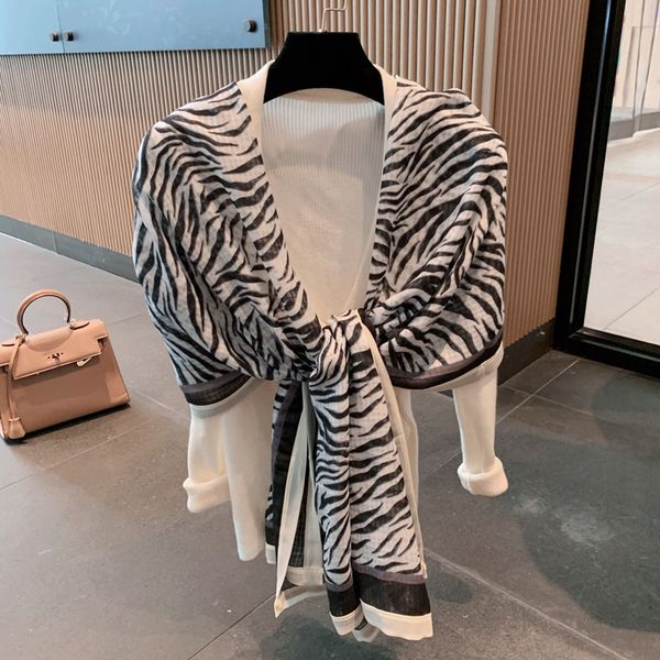 

women's winter versatile thin long gauze korean fashion warm neck spring and autumn zebra print shawl silk scarf, Blue;gray