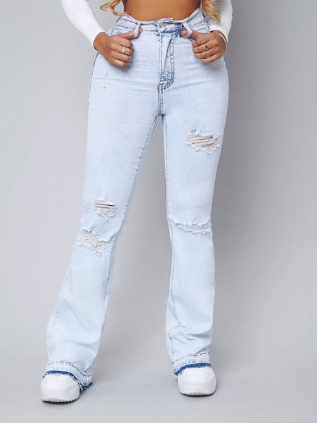 

sxy high waist ripped bootcut jeans w0my#, Blue