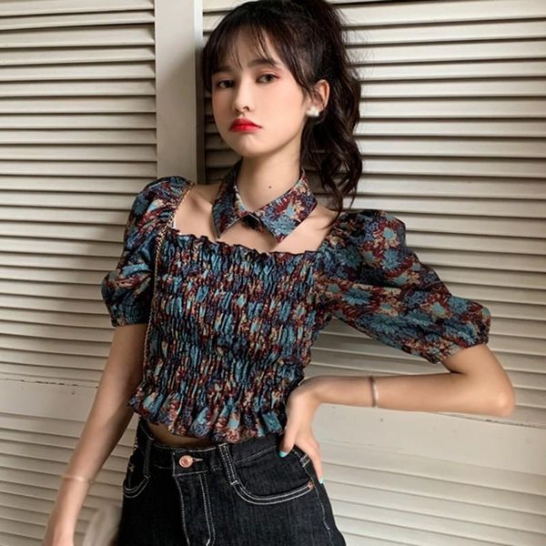 

summer short sleeve blouses retro fake collar short shirt puff sleeve women blouses top, White