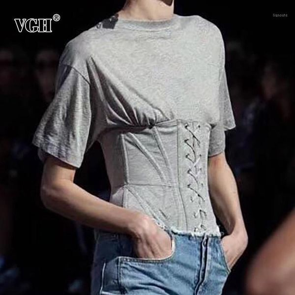 

vgh gray cross bandage t shirt for women o neck short sleeve patchwork high waist slim t shirts female 2020 fashion new clothing1, White