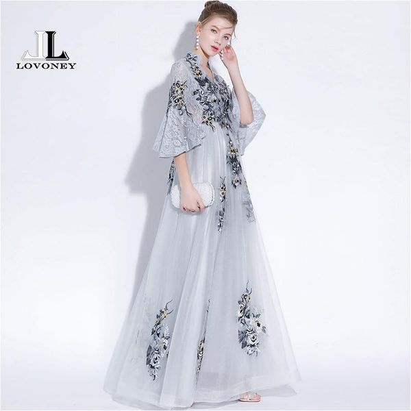 

lovoney vintage high v neck long evening dress with embroidery lace dress formal party dresses prom gown half sleeves ys4271, White;black