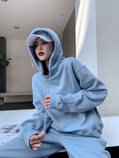 

aw king hooded plush sweater autumn / winter 2020 loose letter casual sports suit long sleeve women, Gray