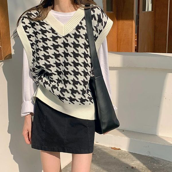 

women's vests sweater vest women knitted loose vintage female waistcoat chic oversize clothes outfits, Black;white
