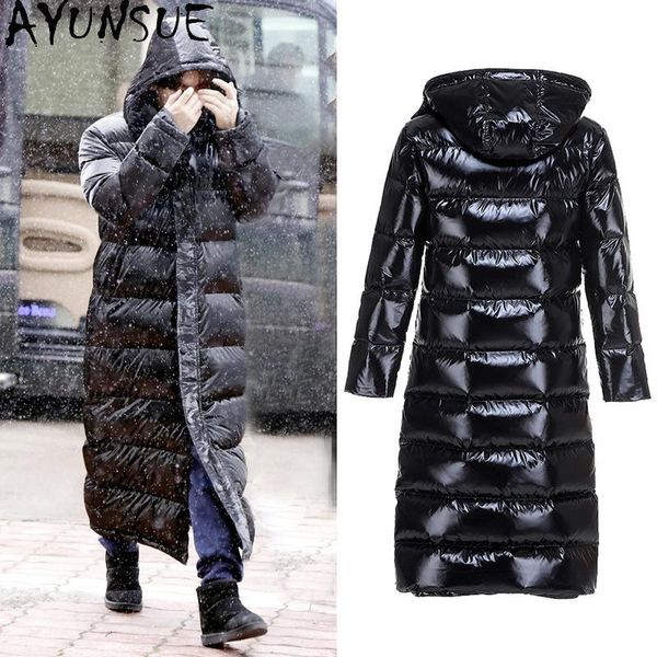 

ayunsue men's down jacket long winter coat men hooded thick warm parka plus size 90% white duck down coats hooded 2020 kj6056, Black
