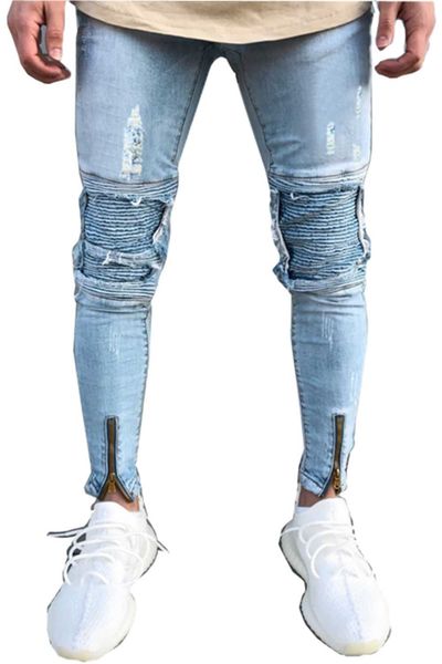 

men 2020 new fashion casual light blue pleated and ripped zip-up slimming hip hop men's jeans