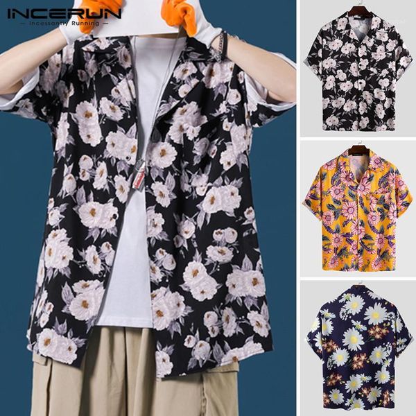

incerun fashion flower printed camisa casual short sleeve lapel blouse hombre loose breathable blusas mens summer floral shirts1, White;black