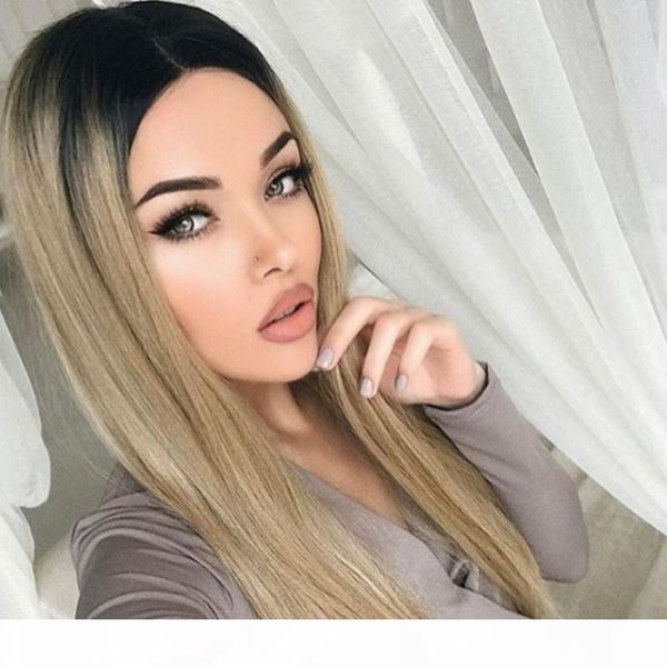 

long straight ombre pink heat resistant synthetic two tone wigs for women black brown hairpiece black and brown gradient chemical fiber wig