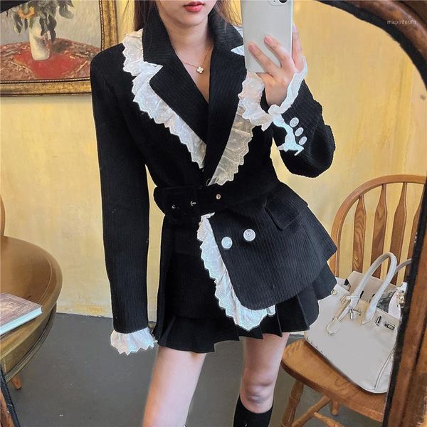 

ewq] 2021 winter female ruffles turn down collar double breasted minimalist loose lace up corduroy jacket cardigan coat 8d10481, Black;brown