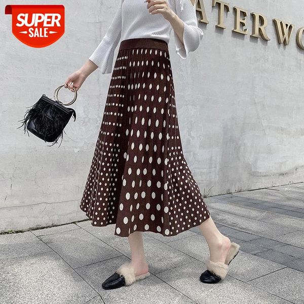 

jxmyy ins super skirt korean mid-length skirt autumn and winter new style knitted polka dot female a-line woolen long #wi20, White;black