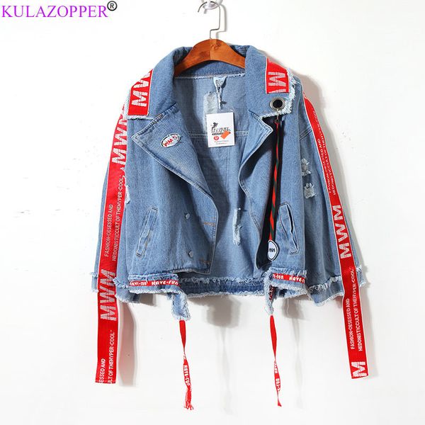 

korean ribbon irregular embroidery woman short denim jacket 2021 spring autumn new wild couple jackets loose coats zs702, Black;brown