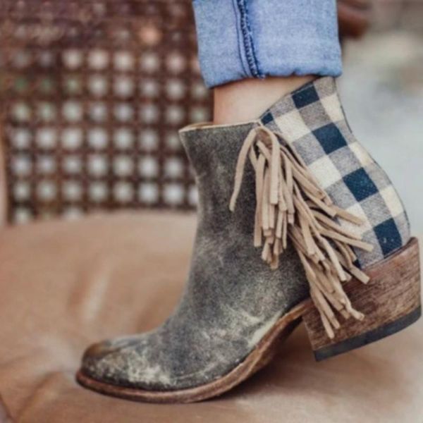 

2020 models autumn and winter ladies new fringed plaid short boots thick heel mid heel round toe side zipper women's boots, Black