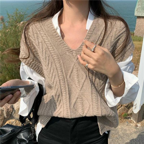 

women's vests zcsmll vest knitted spring and winter folding loose v-neck sweater sleeveless for women solid color 2021, Black;white