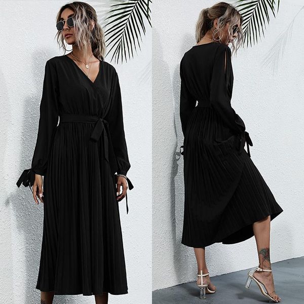 

woman dress european and american new style solid color hollow dress women's autumn slim fit waist v-neck lace long skirt, Black;gray