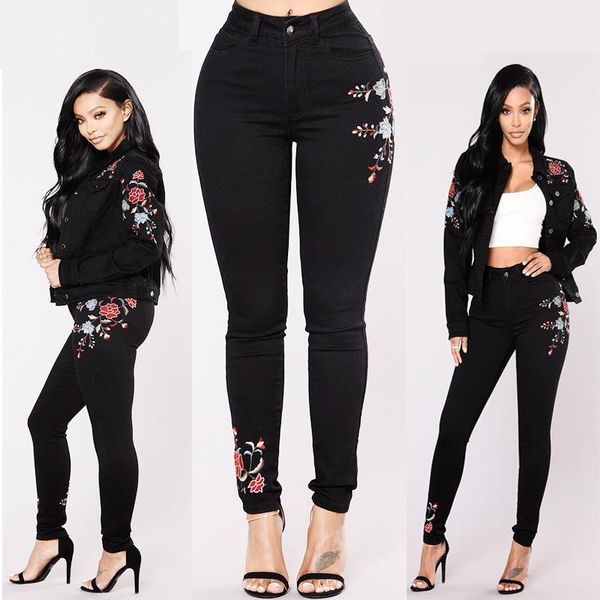 

jeans woman 2019 new embroidered denim pants skinny pencil pants stretch high waist casual trousers jeans plus size1, Blue